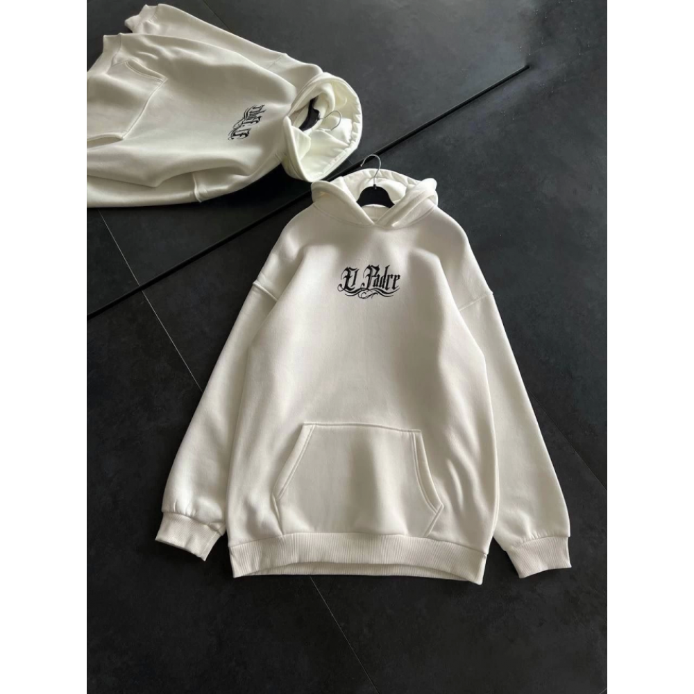 Üç İplik Penye Uzun Kol Kapşonlu Baskılı SweatShirt - Beyaz