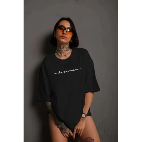 Unisex Bisiklet Yaka Baskılı T-Shirt - Siyah Unisex Bisiklet Yaka Baskılı T-Shirt - Siyah