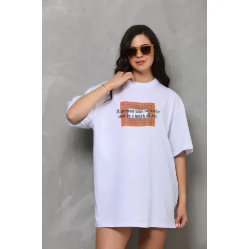 Unisex Bisiklet Yaka Baskılı Oversize T-Shirt - Beyaz Unisex Bisiklet Yaka Baskılı Oversize T-Shirt - Beyaz