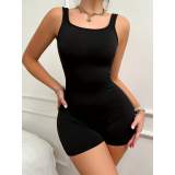 Kadın Kare Yaka Sırt Dekolte Detay Dalgıç Bodycon Mini Tulum