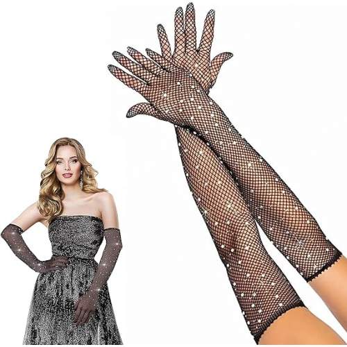 Siyah Renk İncili Elmas İşlemeli File Örgü Uzun Eldiven 45 cm Siyah Renk İncili Elmas İşlemeli File Örgü Uzun Eldiven 45 cm