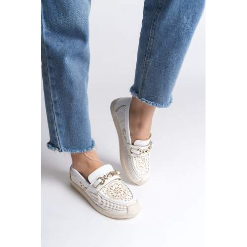 Lisinya948  Bağcıksız Ortopedik Rahat Taban Çiçek Desenli Babet Ayakkabı KT Beyaz