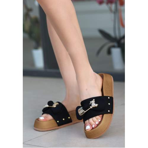 Siyah Saten Ayıcıklı Terlik