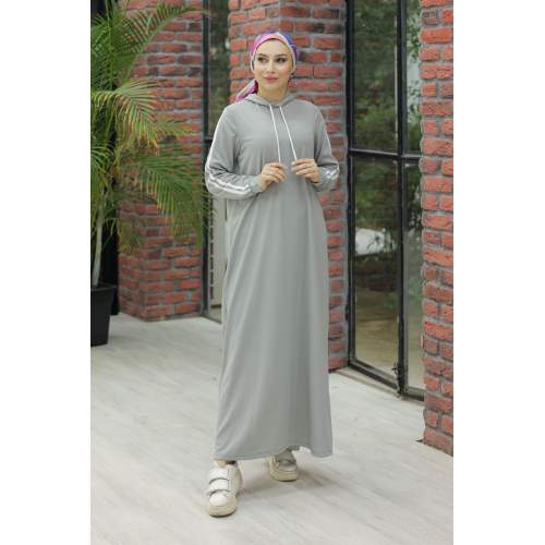 Kapşonlu Şerit Detaylı Elbise Gri Kapşonlu Şerit Detaylı Elbise Gri