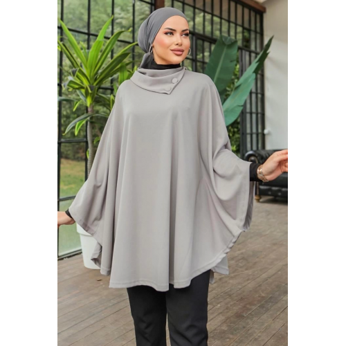 Düğme Detaylı Şık Tasarımlı Gri Şal Yaka Panço Düğme Detaylı Şık Tasarımlı Gri Şal Yaka Panço