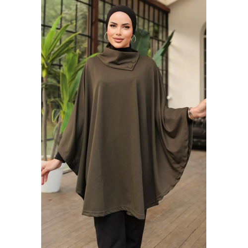 Düğme Detaylı Şık Tasarımlı Haki Şal Yaka Panço Düğme Detaylı Şık Tasarımlı Haki Şal Yaka Panço