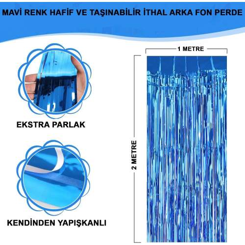 Mavi Renk Ekstra Metalize Parlak Saçaklı Arka Fon Perde İthal A Kalite 1x2 Metre Mavi Renk Ekstra Metalize Parlak Saçaklı Arka Fon Perde İthal A Kalite 1x2 Metre
