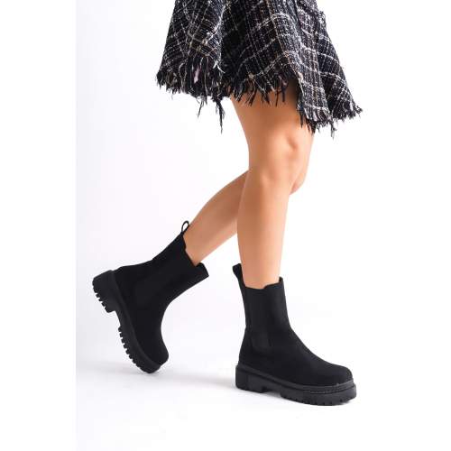 Lisinya948  Bağcıksız Lastikli Süet Ortopedik Taban Suya ve Soğuğa Dayanıklı Kadın Bot ST Siyah