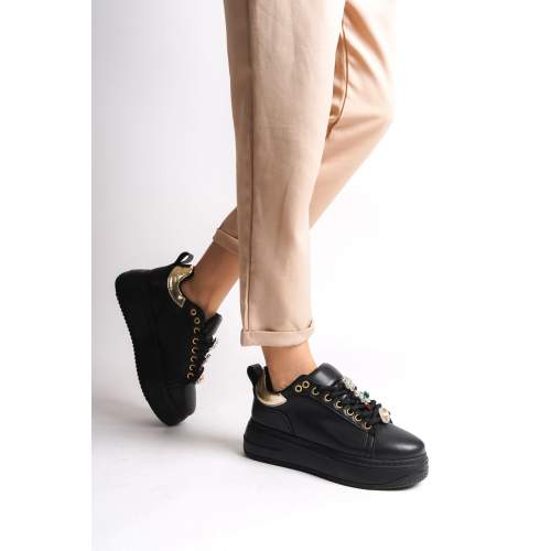 Lisinya948  Bağcıklı Ortopedik Taban Renkli Taş Dekorlu Kadın Sneaker Ayakkabı ST Siyah/Altın Lisinya948  Bağcıklı Ortopedik Taban Renkli Taş Dekorlu Kadın Sneaker Ayakkabı ST Siyah/Altın