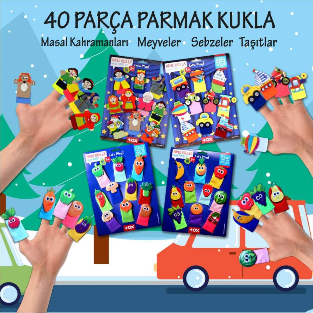 4 Set - 40 Parça  Masal Kahramanları, Meyveler, Sebzeler ve Taşıtlar Parmak Kukla