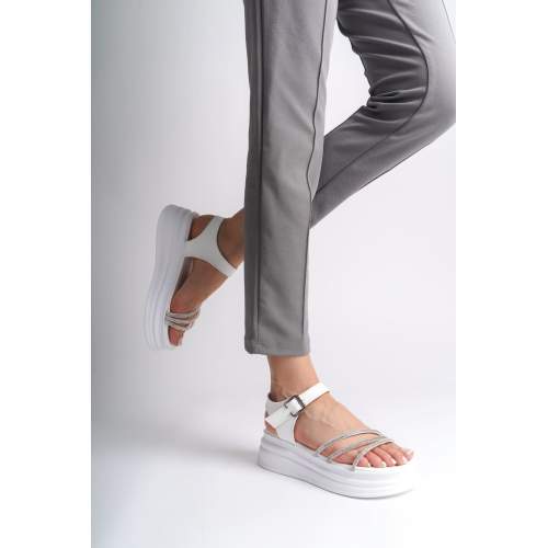 Lisinya948  Kalın Tokalı Taşlı Şeritli Ortopedik Taban Kadın Sandalet BT Beyaz Lisinya948  Kalın Tokalı Taşlı Şeritli Ortopedik Taban Kadın Sandalet BT Beyaz