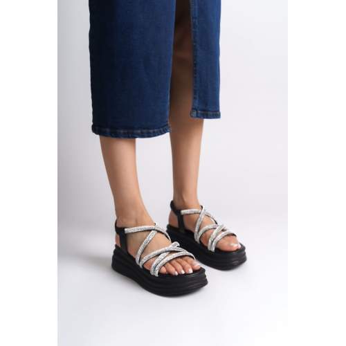 Lisinya948  Lastikli Taşlı Şeritli Ortopedik Taban Kadın Sandalet ST Siyah Lisinya948  Lastikli Taşlı Şeritli Ortopedik Taban Kadın Sandalet ST Siyah