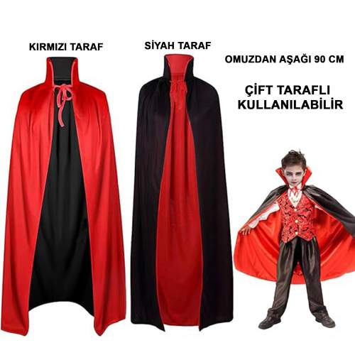 Çift Taraflı Kullanılabilir Siyah Kırmızı Yakalı Pelerin 90 cm Çocuk Çift Taraflı Kullanılabilir Siyah Kırmızı Yakalı Pelerin 90 cm Çocuk