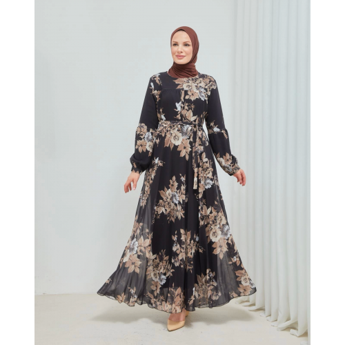 Yaprak Desenli Zarif Ve Şık Uzun Boy Büyük Beden Astarlı Şifon Elbise Yaprak Desenli Zarif Ve Şık Uzun Boy Büyük Beden Astarlı Şifon Elbise