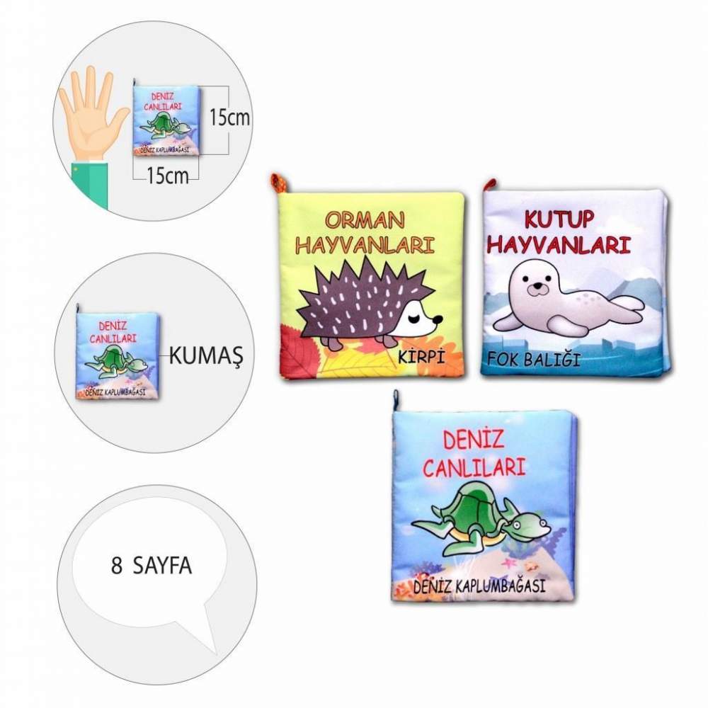 3 Kitap  Orman, Deniz ve Kutup Hayvanları Kumaş Sessiz Kitap