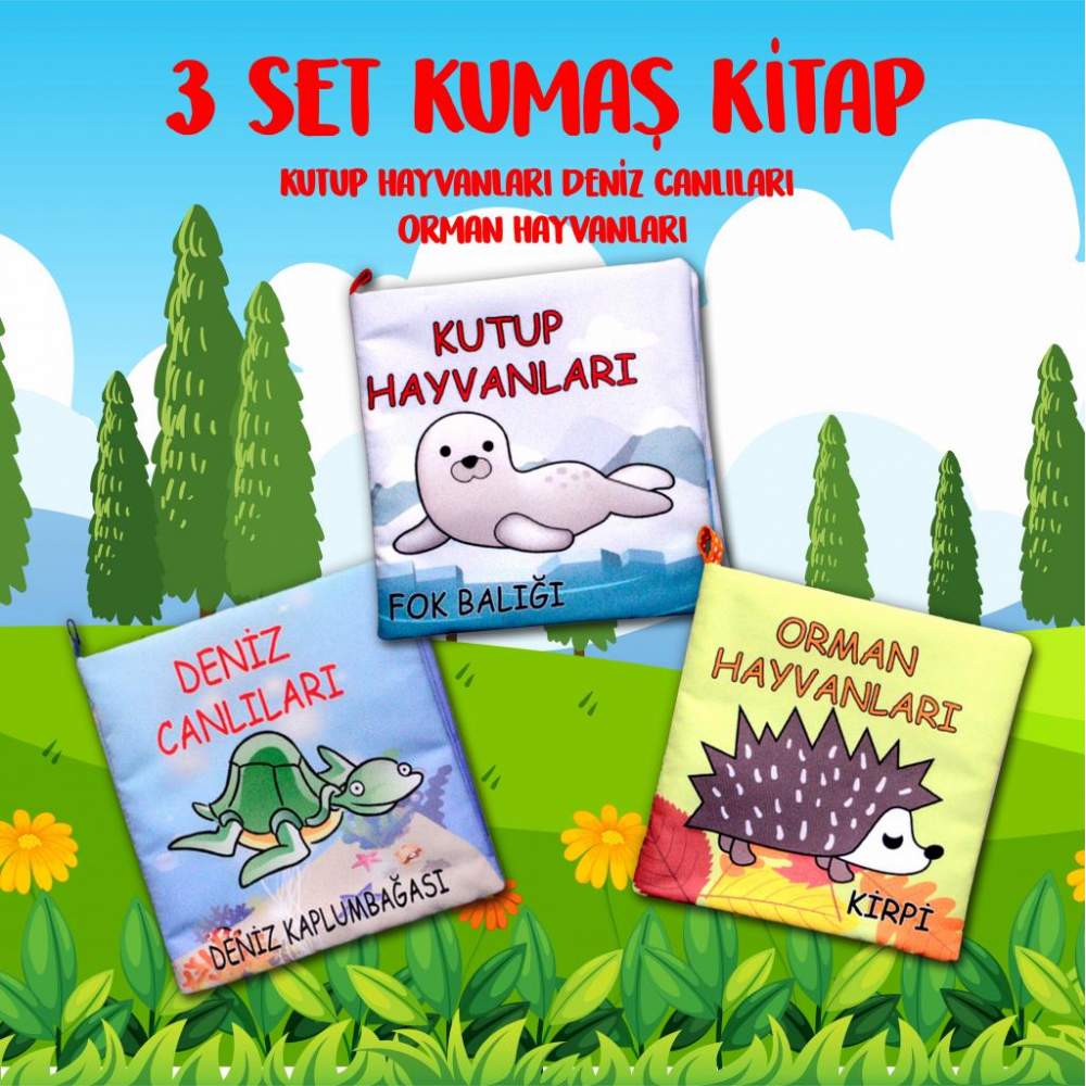 3 Kitap  Orman, Deniz ve Kutup Hayvanları Kumaş Sessiz Kitap