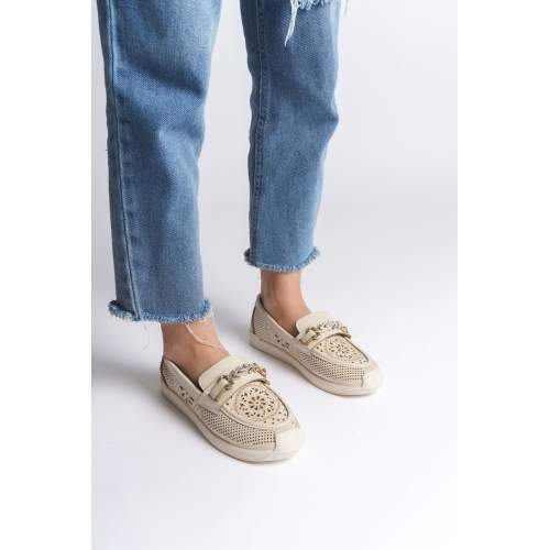 Lisinya948  Bağcıksız Ortopedik Rahat Taban Çiçek Desenli Babet Ayakkabı KT Krem